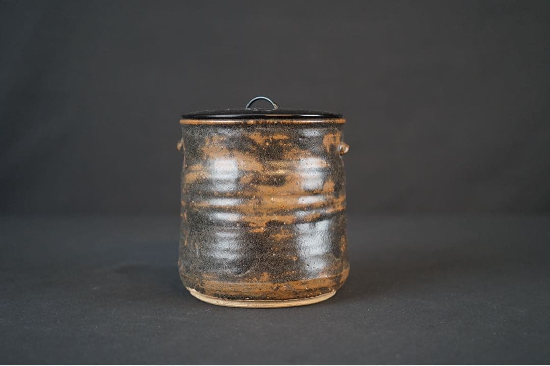 祖母懐 古瀬戸釉 一重口耳付水指 紫野歓渓 書付 共箱 茶道具