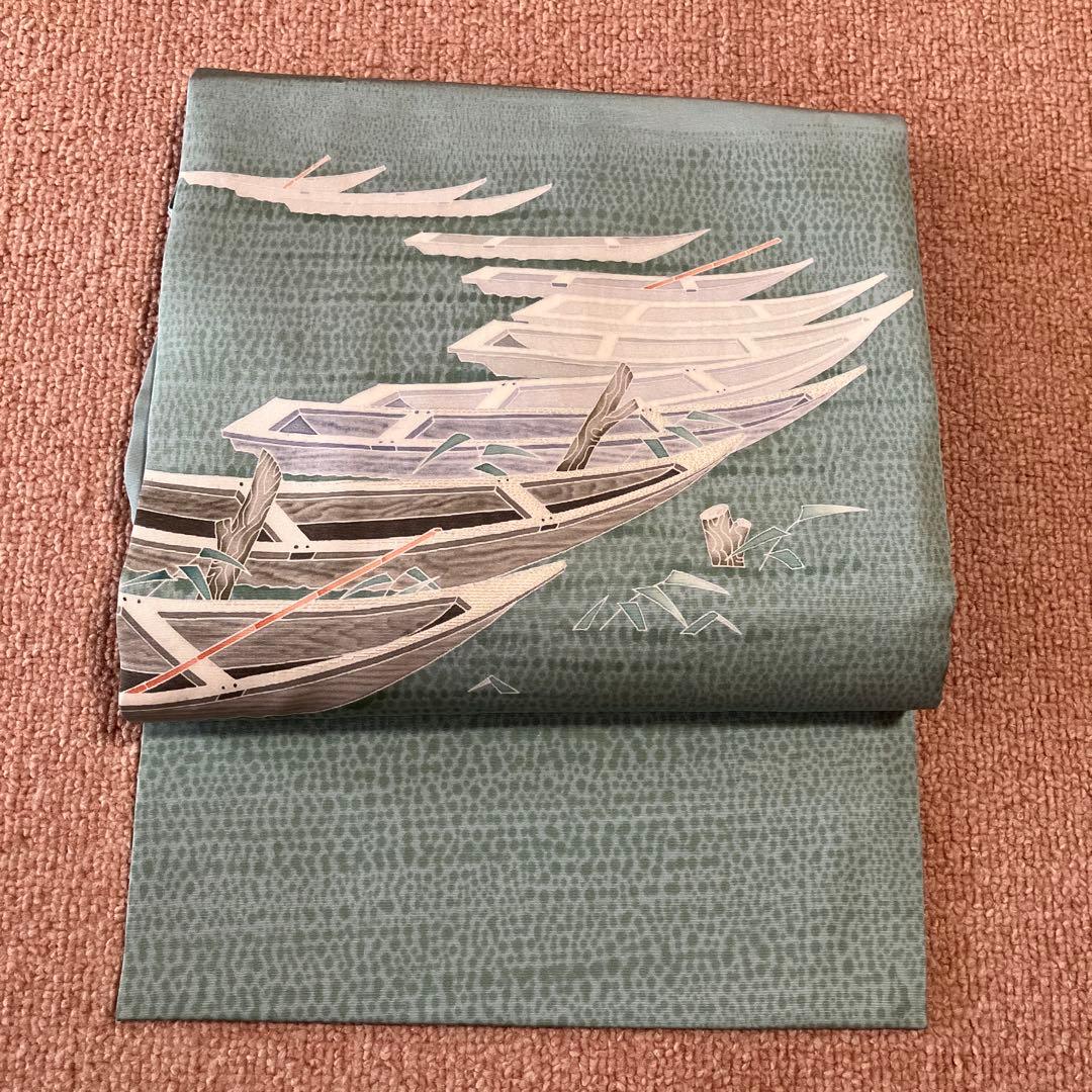 ①塩瀬　9寸名古屋帯　坂井教人　青磁色に舟