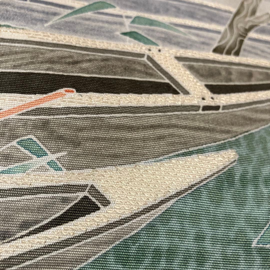 ①塩瀬　9寸名古屋帯　坂井教人　青磁色に舟