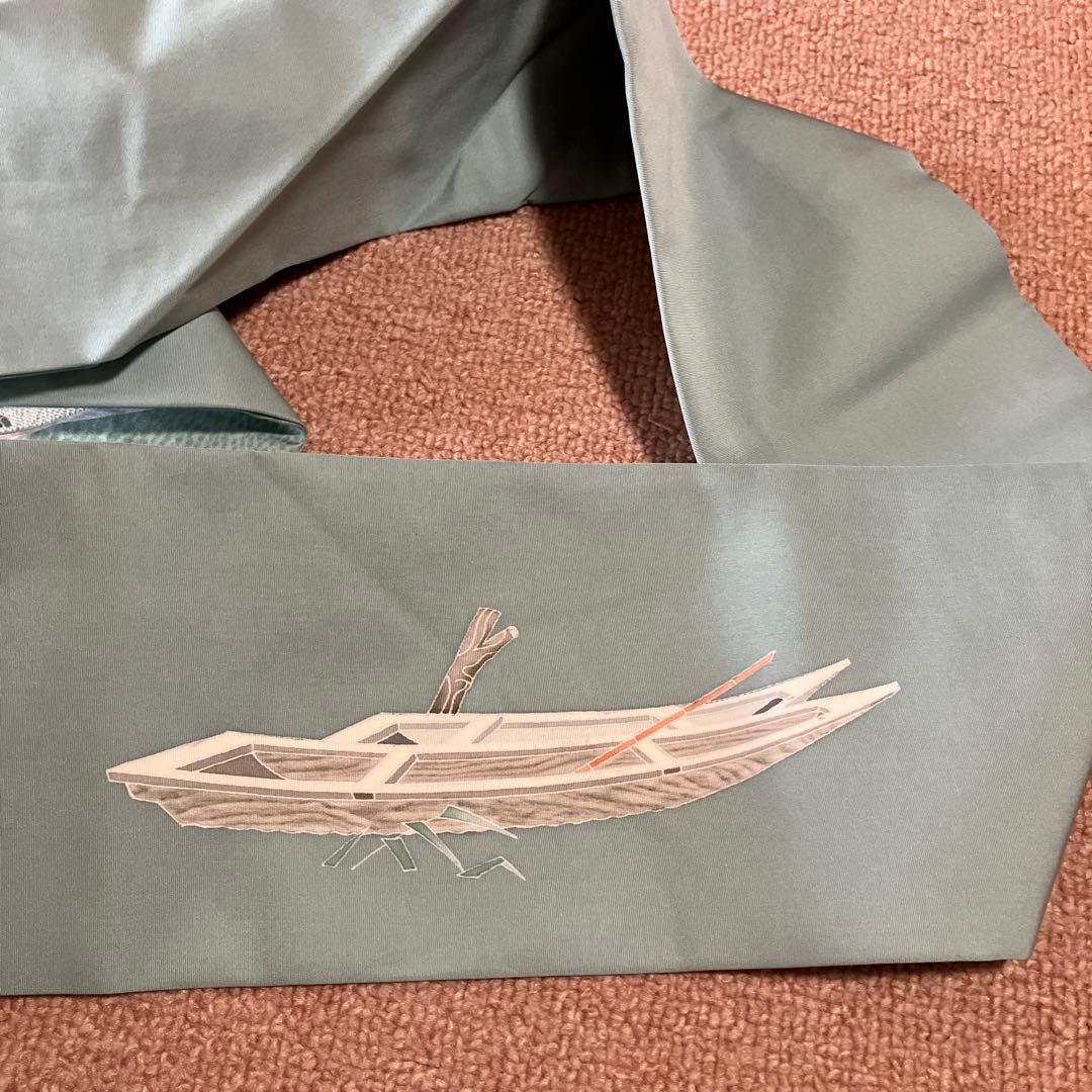 ①塩瀬　9寸名古屋帯　坂井教人　青磁色に舟