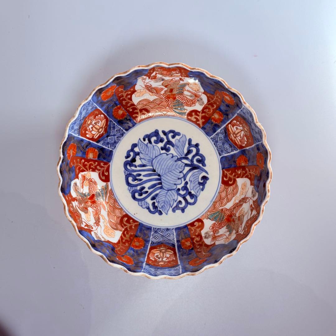 古伊万里　大聖寺伊万里　染錦三方龍仙人菊花型鉢　三ツ鉢揃い　黄仁覧図　特上品