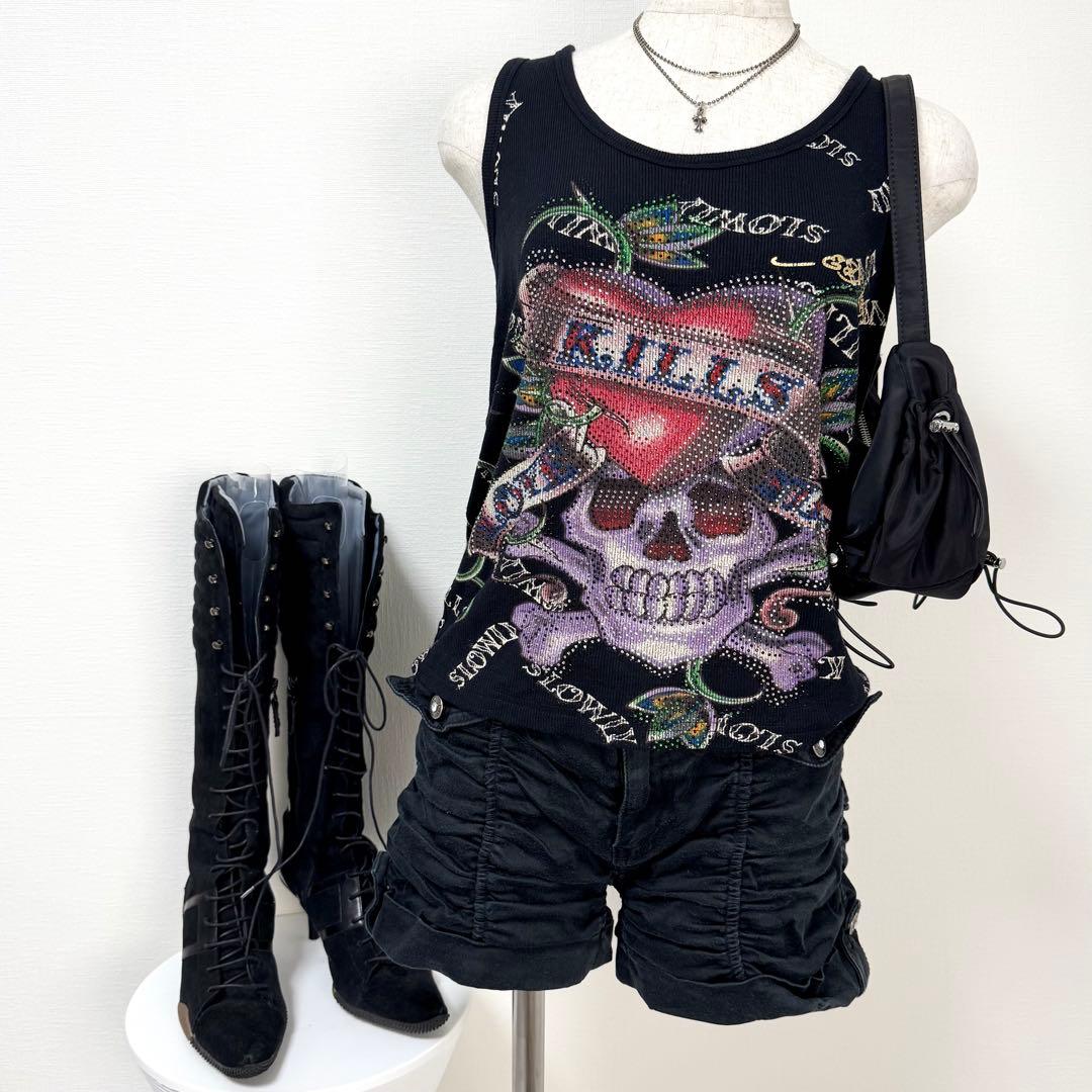 y2k❤️00s Ed Hardy ラブキル スカルロゴ ラインストーン トップス