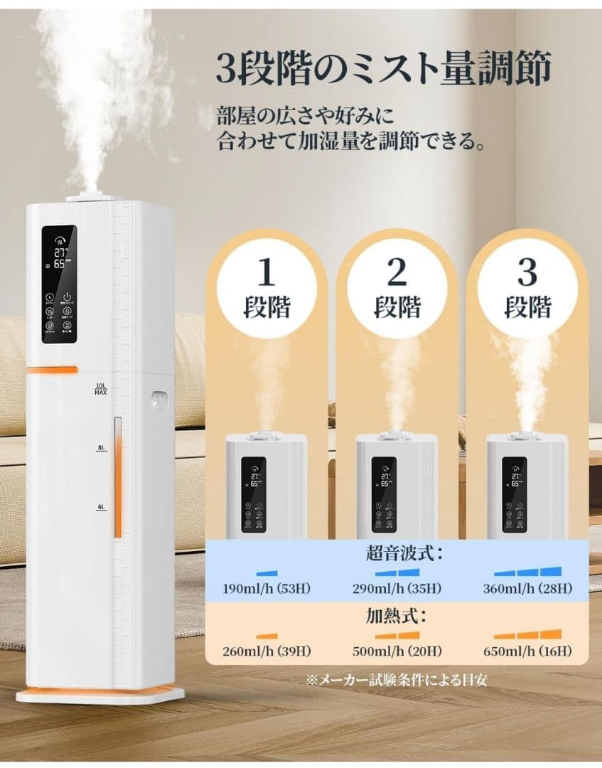 加湿器 10L 大容量 ハイブリッド【AI自動湿度調整】加熱式×超音波式 45畳