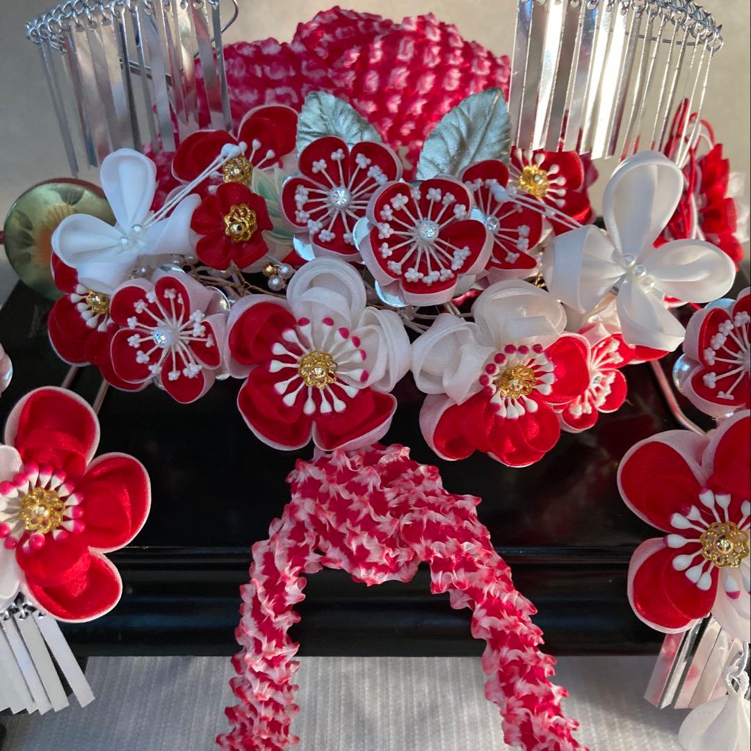 専用　勝山classical beauty 梅花と蝶々　平打ち簪　水引　赤鹿の子