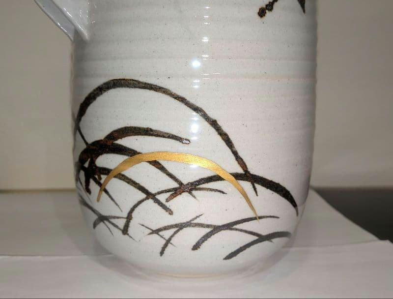 『陽炎園』月に雁絵　耳付き水指　細水指　膳所焼　茶道具　共箱共布　秋月見