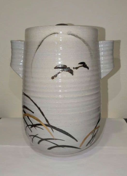 『陽炎園』月に雁絵　耳付き水指　細水指　膳所焼　茶道具　共箱共布　秋月見