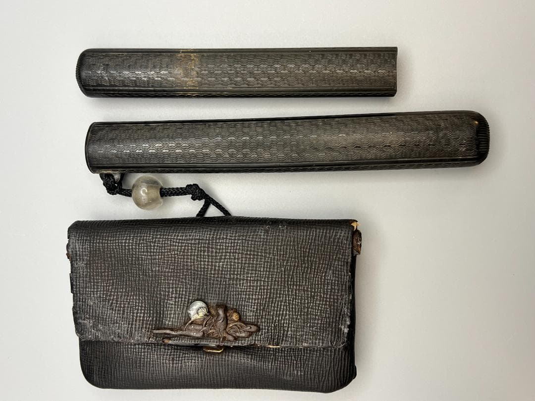 江戸明治時代　月と動物鉄金具　水晶玉根〆　純銀製キセル　重量約125g