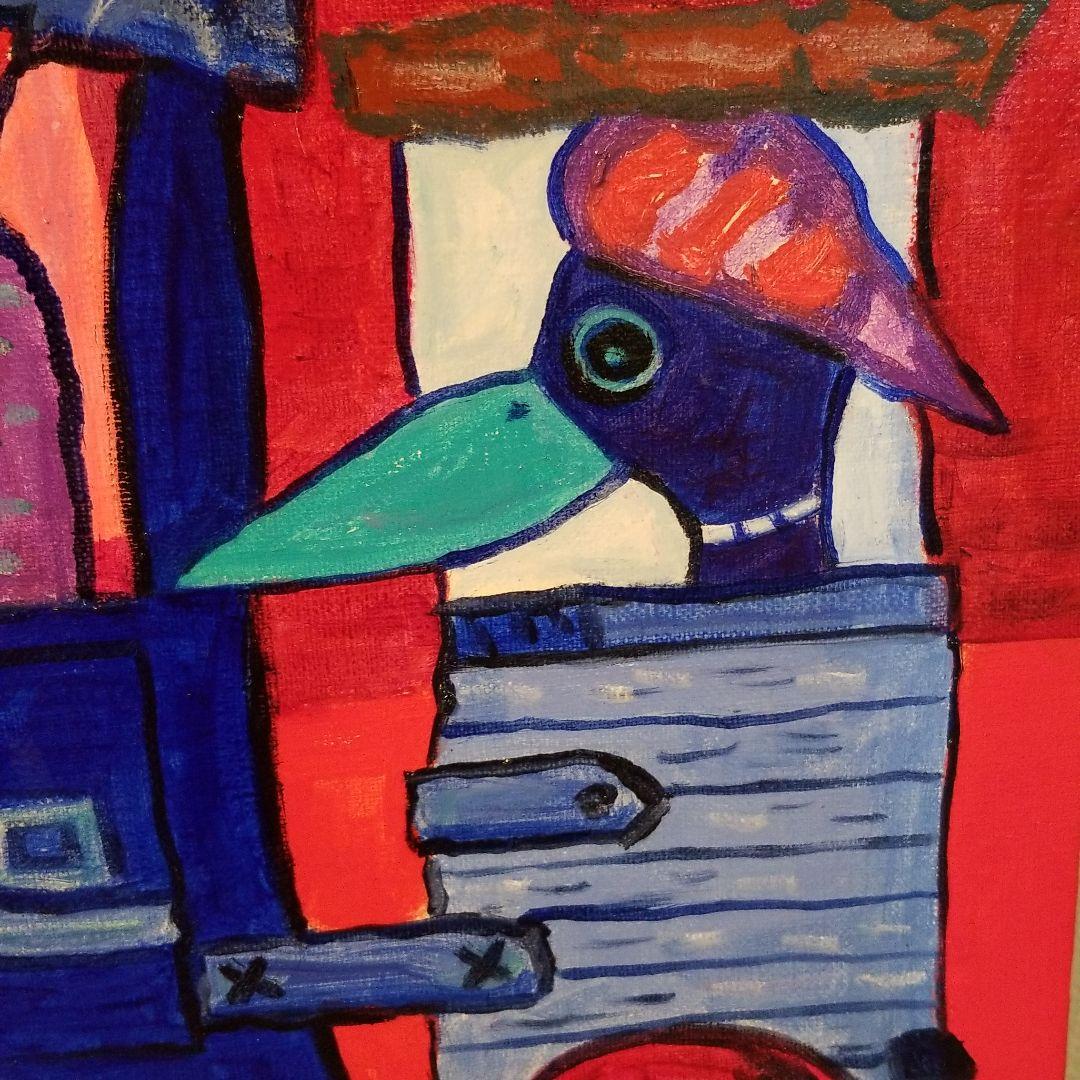 油絵　ロンロンロン　ドライブする鳥