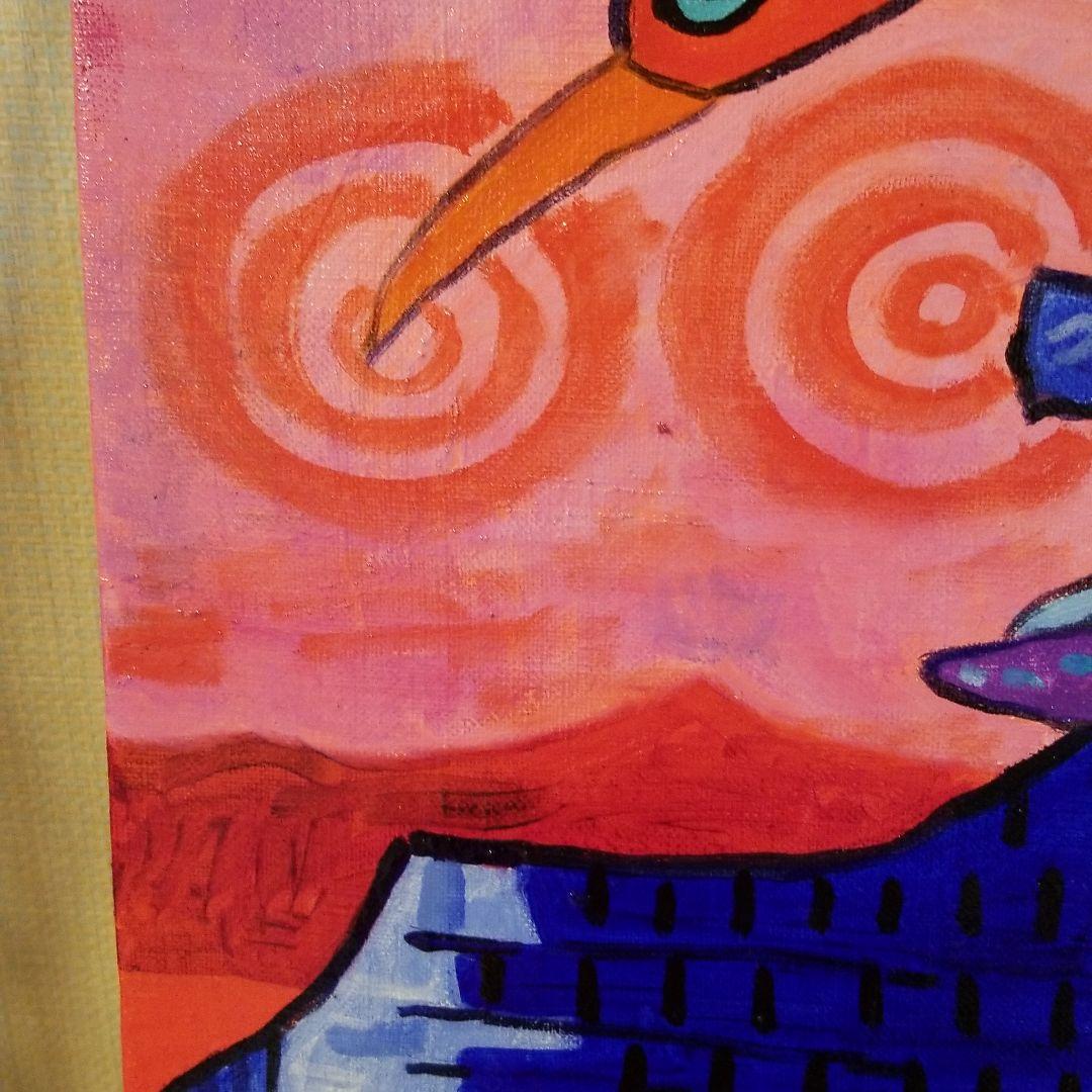 油絵　ロンロンロン　ドライブする鳥