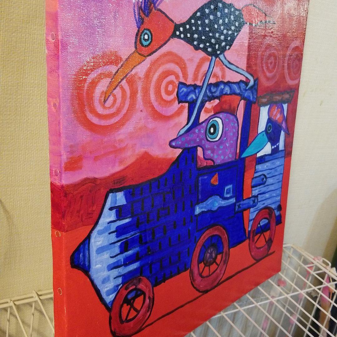 油絵　ロンロンロン　ドライブする鳥