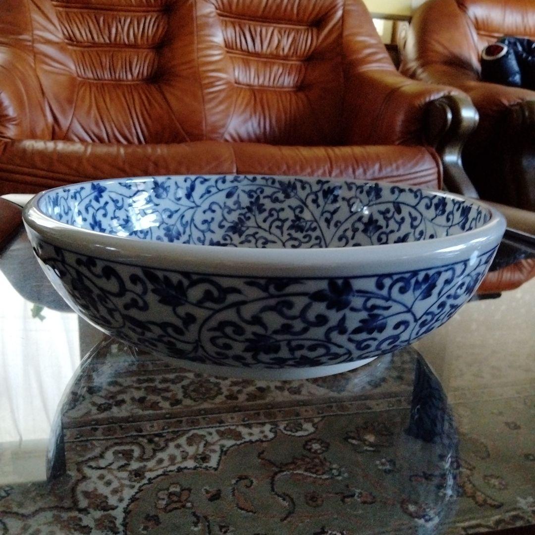 中国骨董大き目サイズ【松、竹、梅三友図染付青花洗】在銘旧家蔵希少貴重コレクション