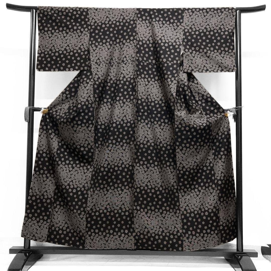 小紋　大島紬　泥染　横縞　花模様　ブラウン　着物　053a p