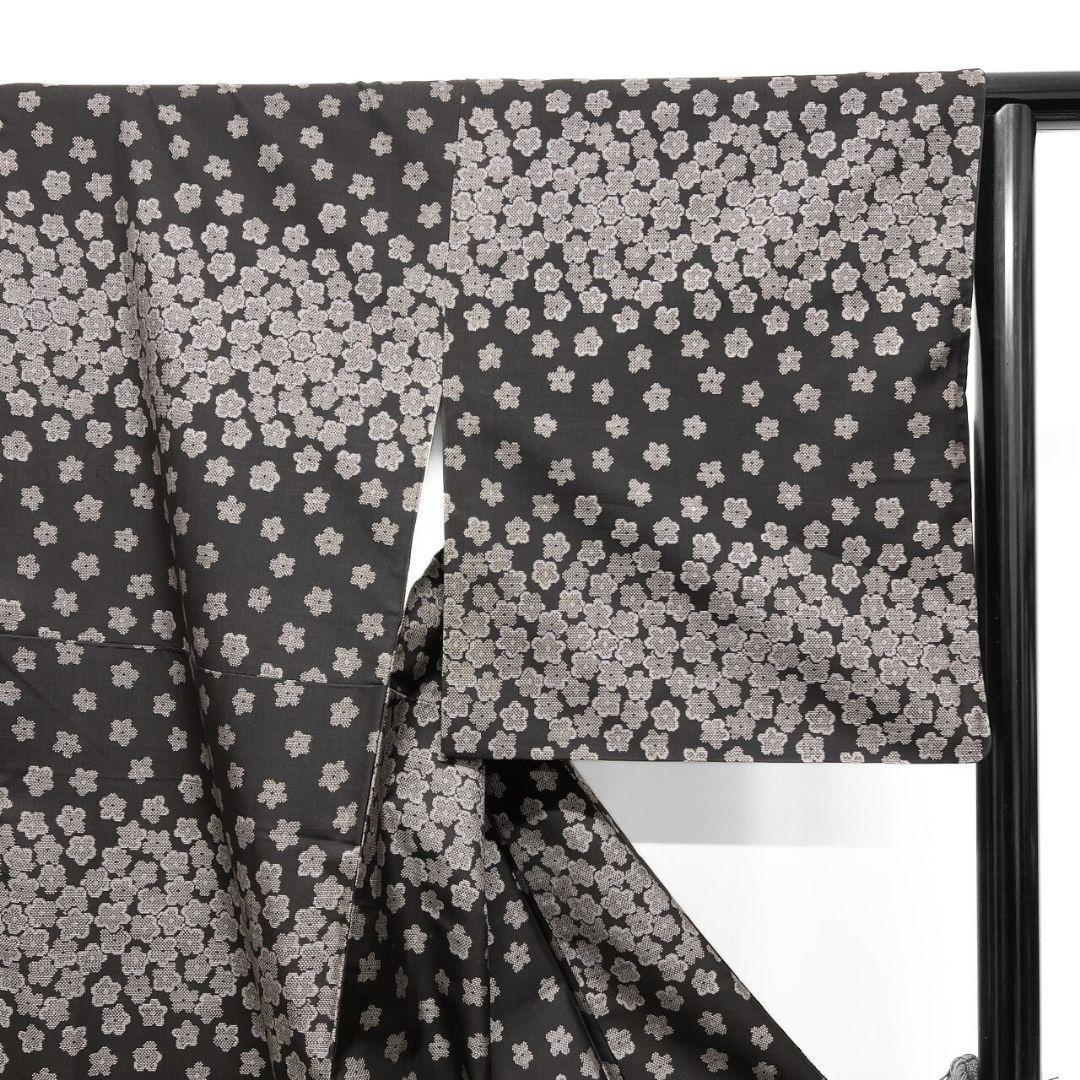 小紋　大島紬　泥染　横縞　花模様　ブラウン　着物　053a p