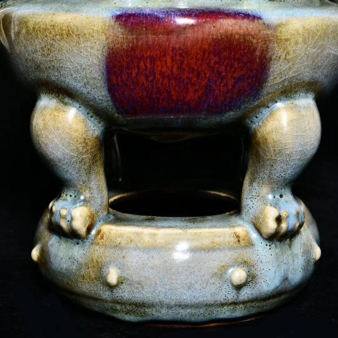 中国古美術・旧蔵の磁器、曜変釉と鎏金で口と双耳香炉・20x28cm・茶道具・置物