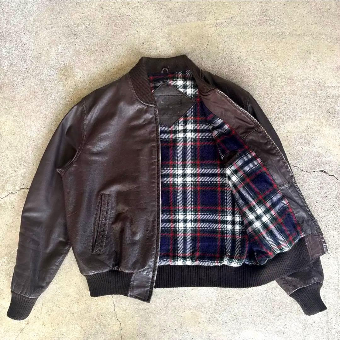 90s 短丈 レザージャケット MA-1型 ブラウン チェック柄 古着 本革