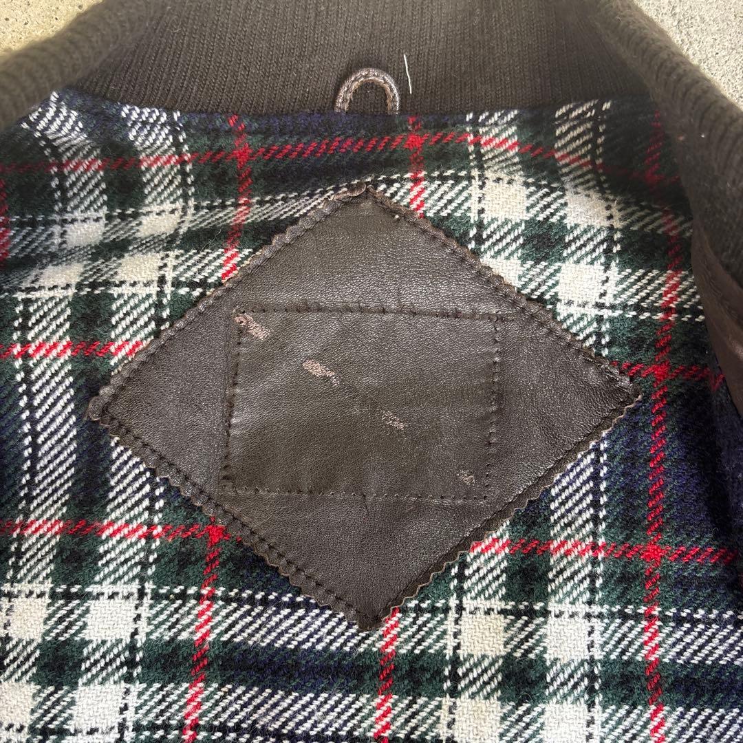 90s 短丈 レザージャケット MA-1型 ブラウン チェック柄 古着 本革