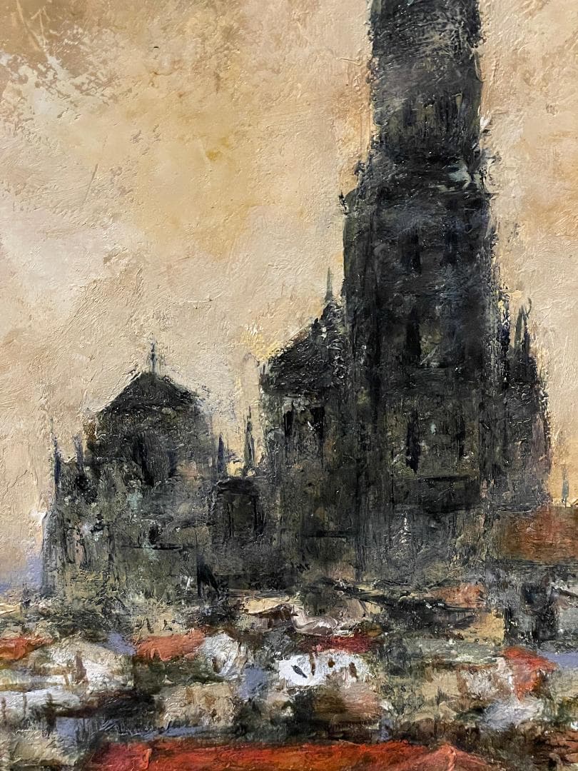 【模写】千本裕三「教会の見える丘」風景画　油彩画　額装　サイン有り　F15号