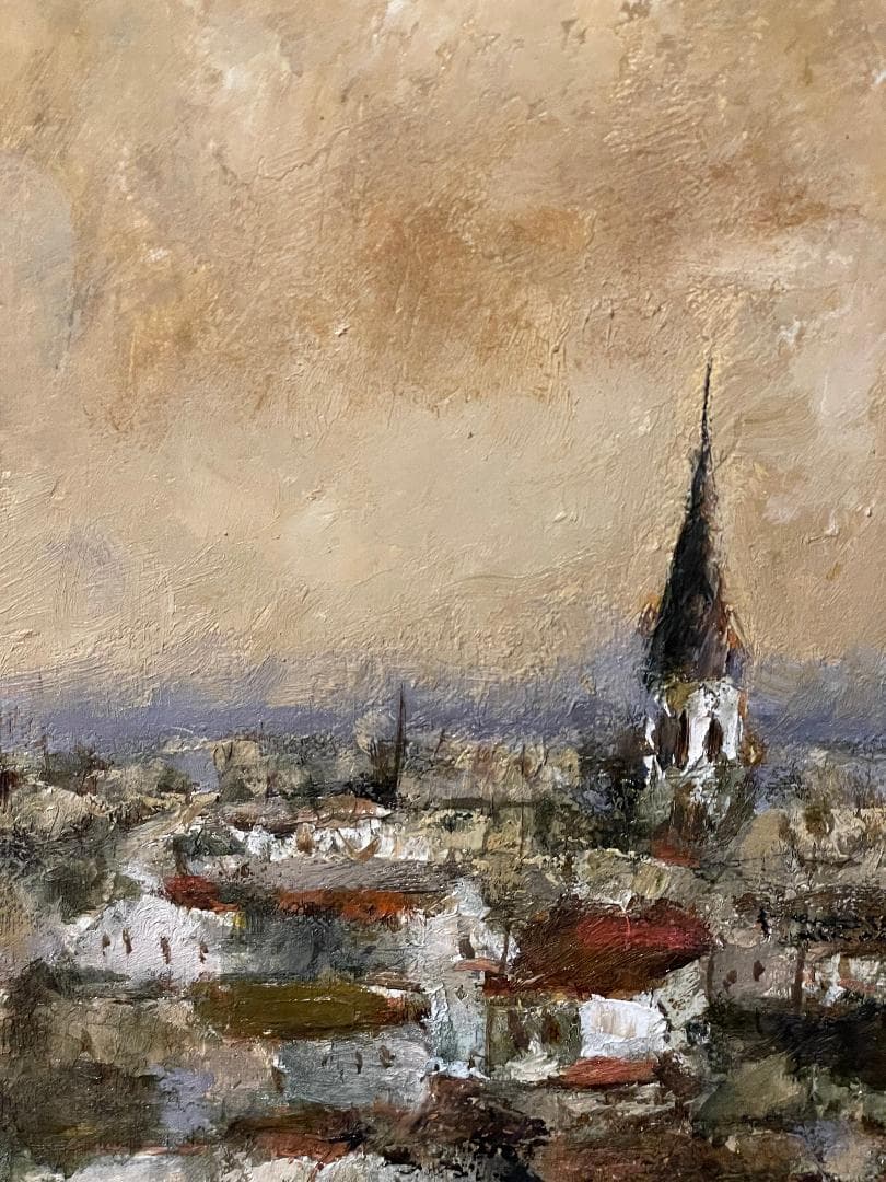 【模写】千本裕三「教会の見える丘」風景画　油彩画　額装　サイン有り　F15号