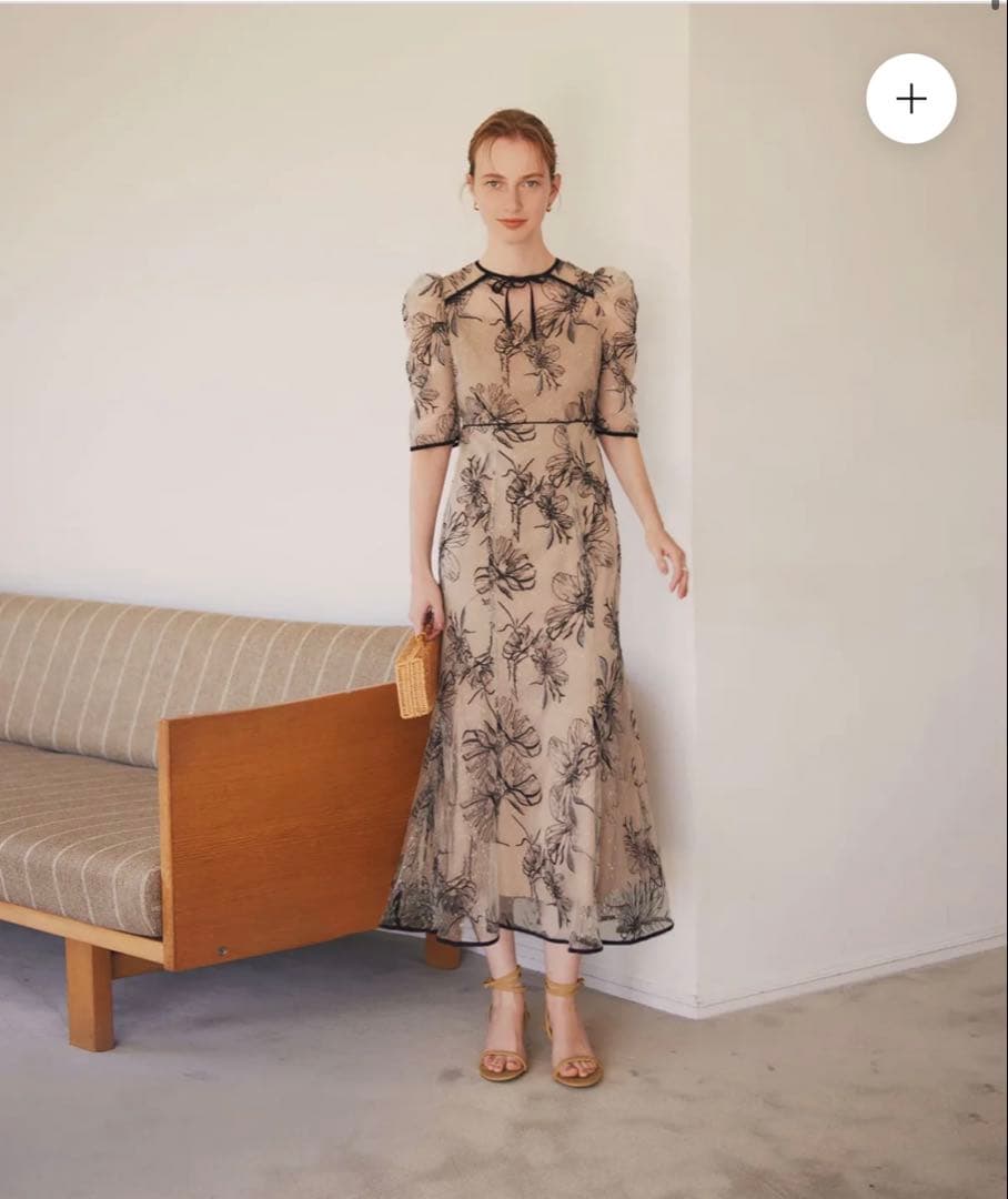 Leja 花柄リボンパフスリーブマーメイドワンピースドレス