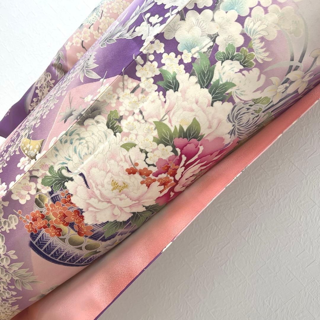 473 振袖フルセット 正絹 薄紫 桃 ピンク 金彩 駒刺繍 暈し染め お上品