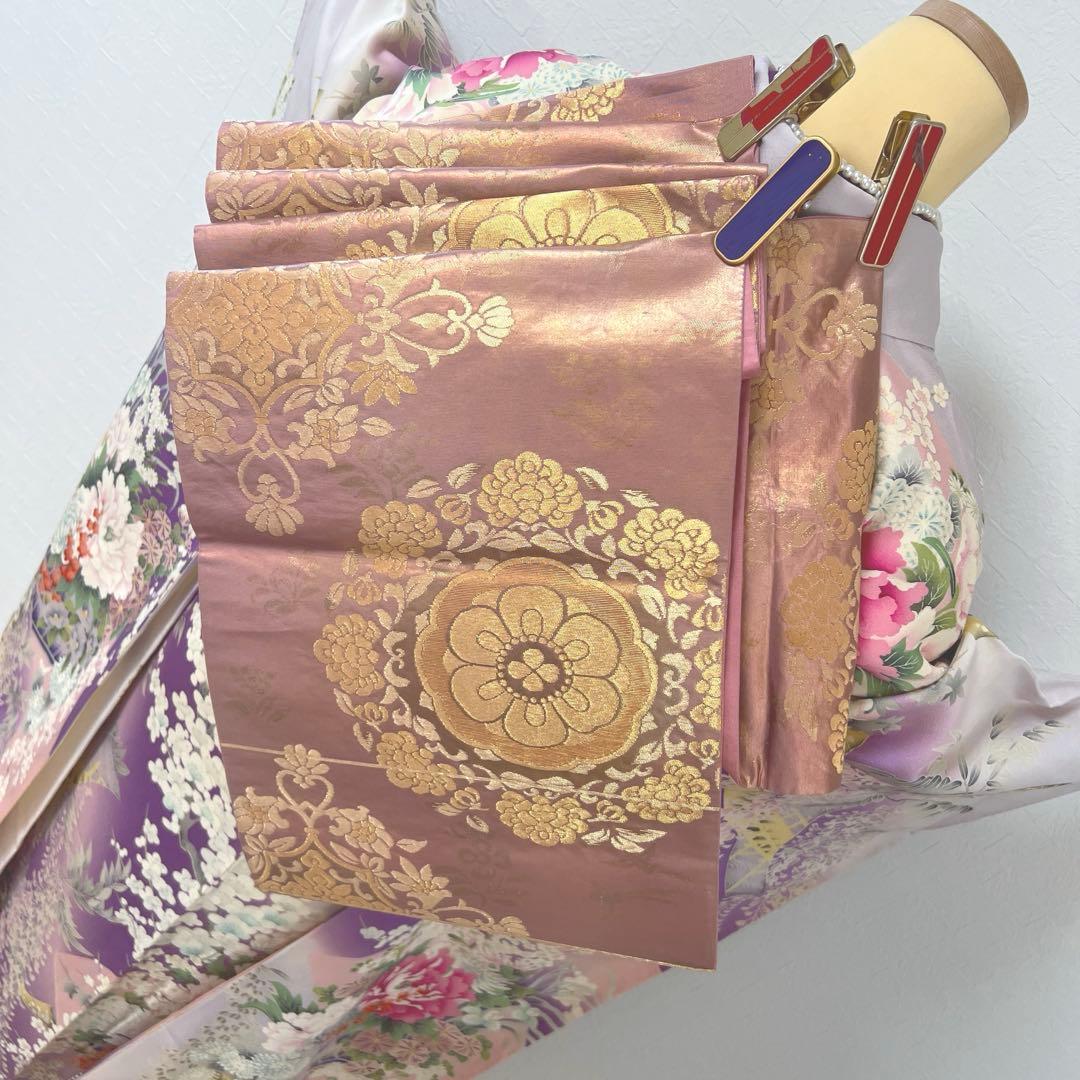 473 振袖フルセット 正絹 薄紫 桃 ピンク 金彩 駒刺繍 暈し染め お上品