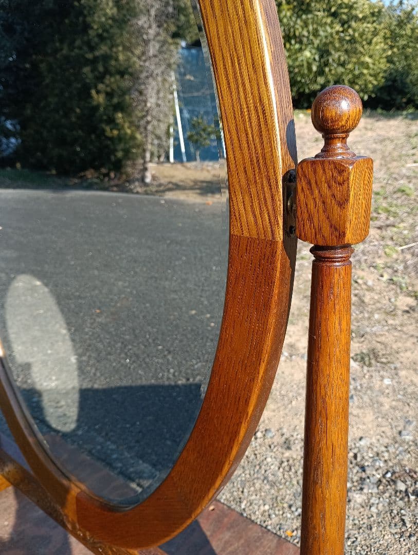 ヴィンテージ　イギリス　姿見　大型　オーバル　手彫り　オーク　スタンド　ミラー