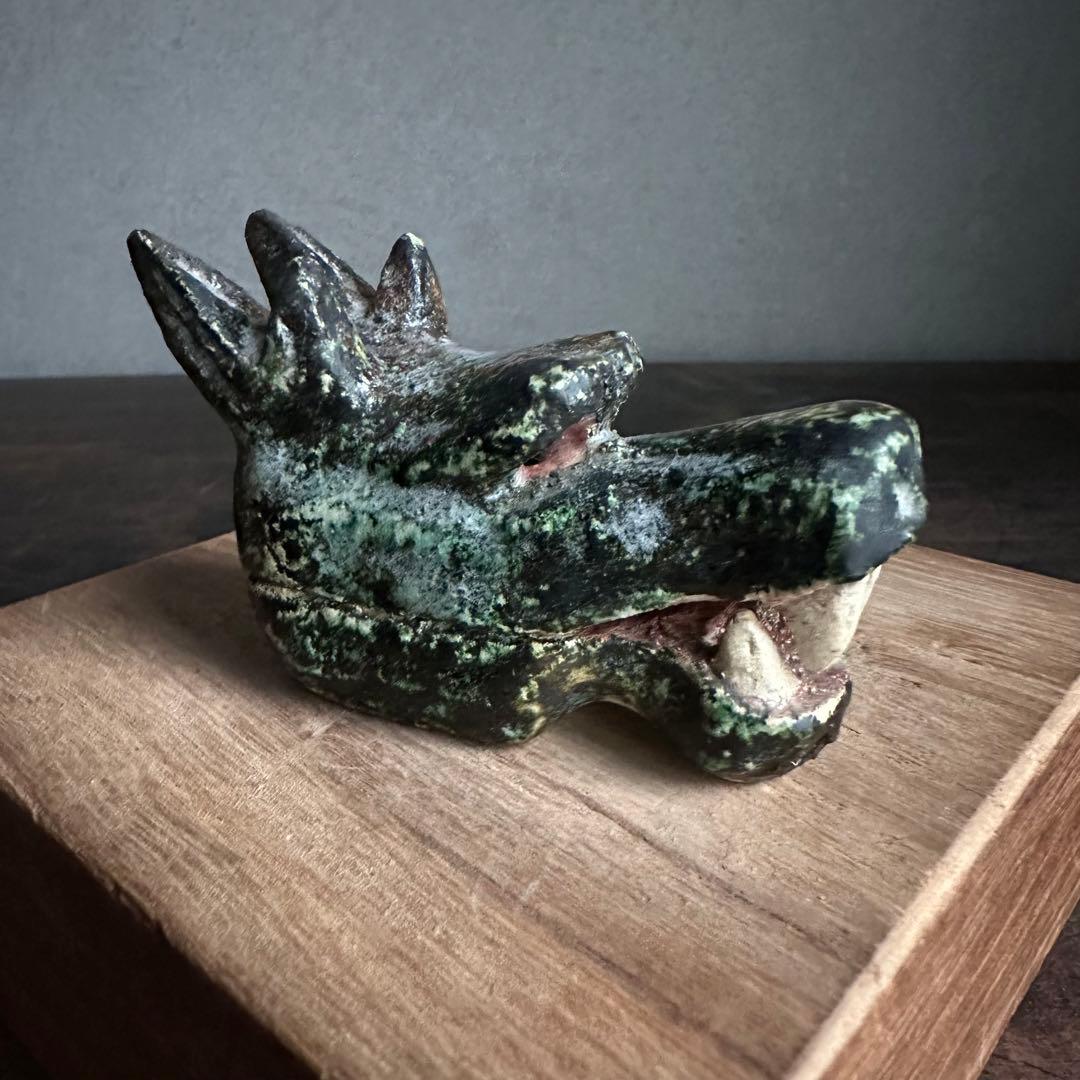 【珍品】美濃焼 織部焼 香道具 龍の頭型香合  龍頭香合 陶印あり 骨董