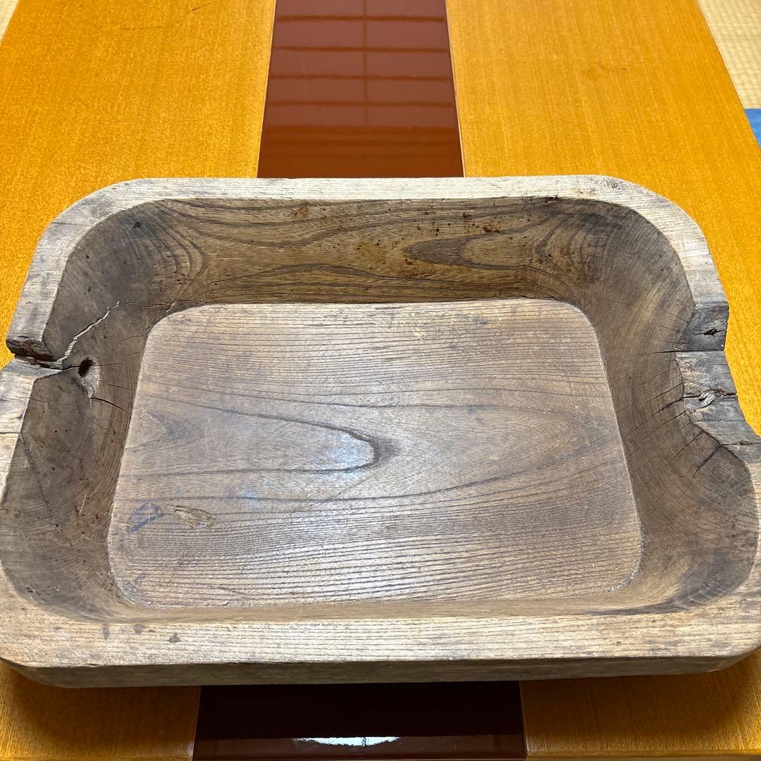 木製長方形皿 亀裂あり　骨董　木彫りトレイ