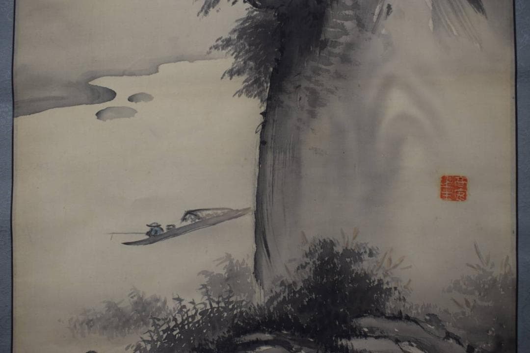 家元華老/春華/木原/夏山雨後山水図/掛軸☆宝船☆Y-786　JM