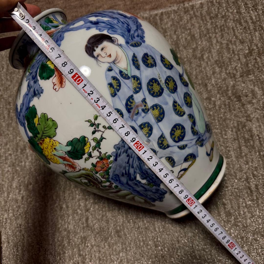 九谷 染付 色絵 仙人細密絵付花瓶 壷 古美術品(花器花入)