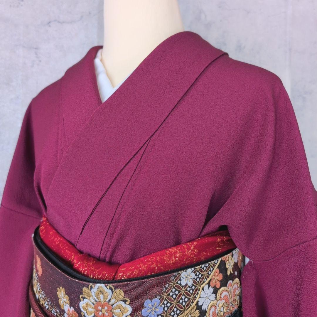 色無地　着物　フルセット　正絹　マゼンタ　赤紫　しつけ糸　O10