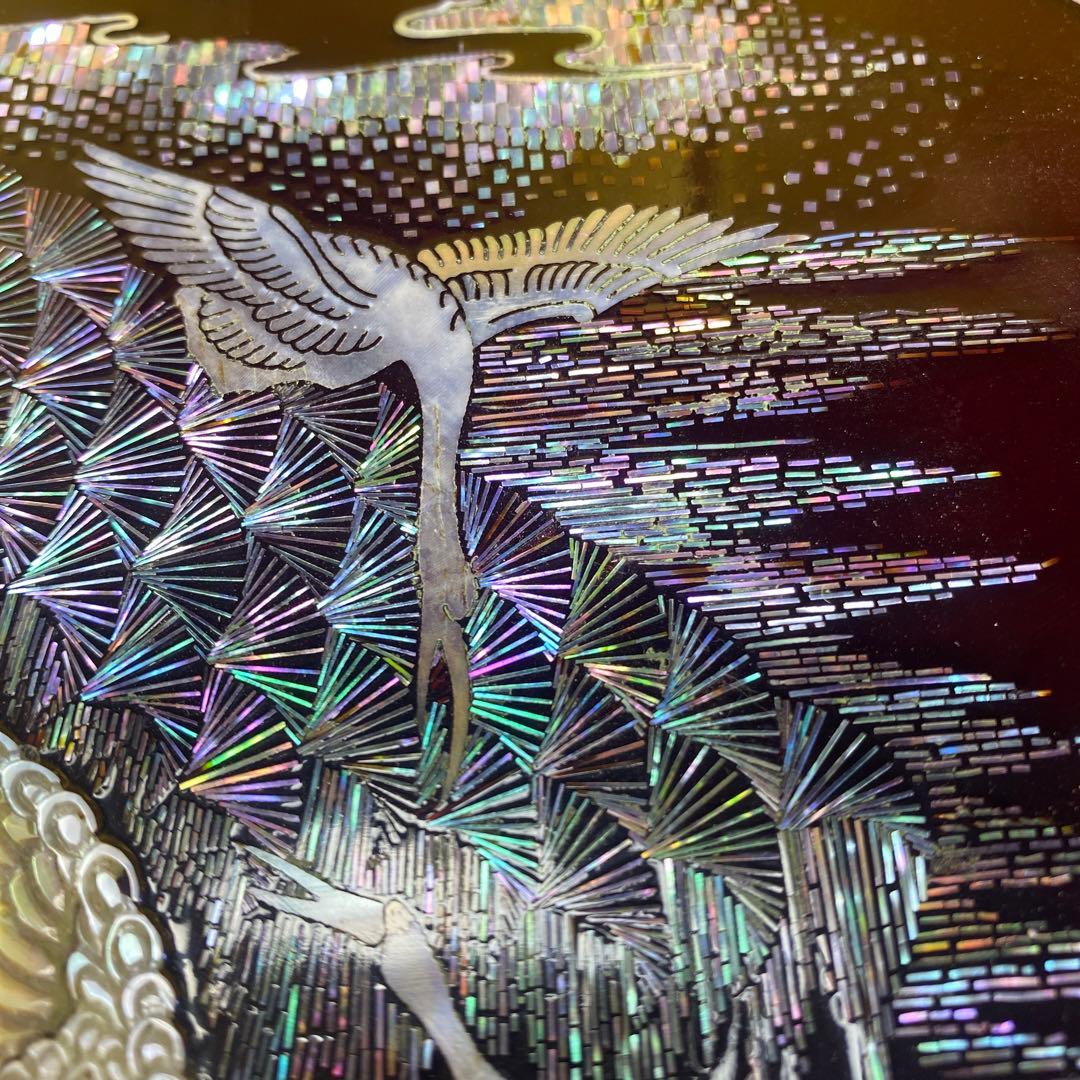 螺鈿細工，八角形 漆器 菓子器 鶴と松のデザイン