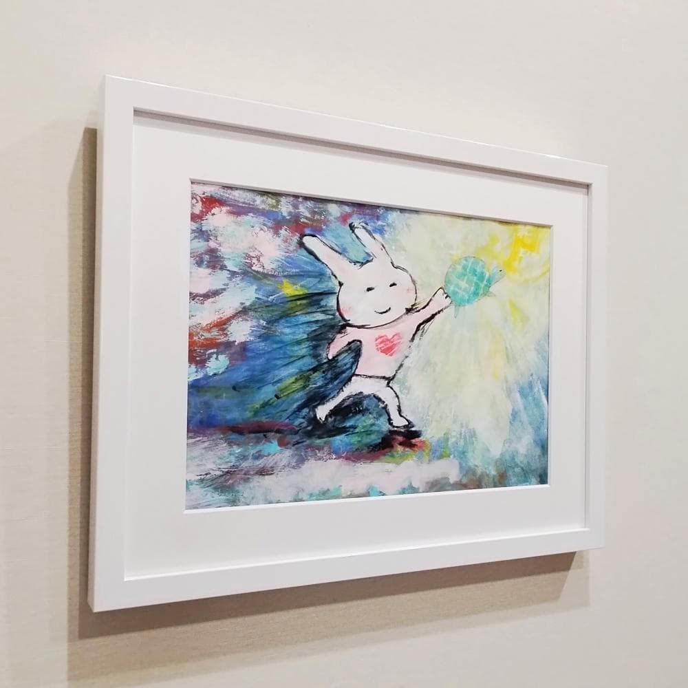 内野隆文　カミナリ　うさぎ　亀　絵画　ドローイング　現代美術　額付　真作