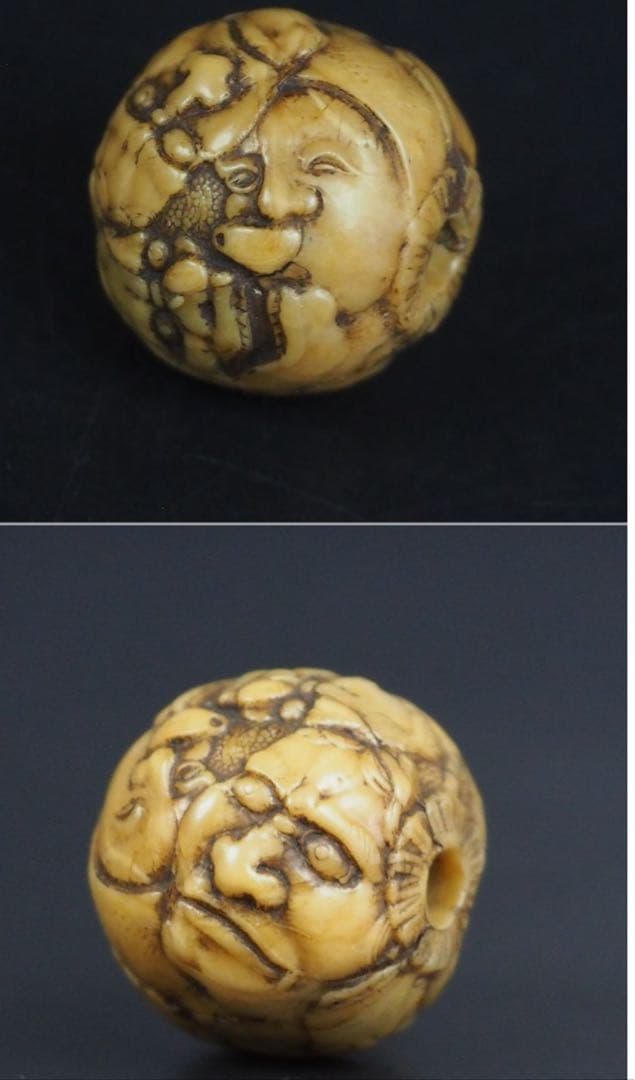 送料無料　江戸時代　鬼面細密彫　緒締玉　　径1.8cm 重4g検/提げ物緒締玉根