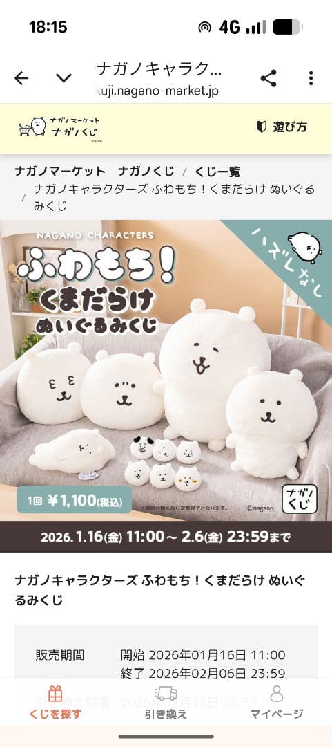 ナガノマーケット　ナガノくじ　A賞　もっちり特大　ぬいぐるみ おまけ付き