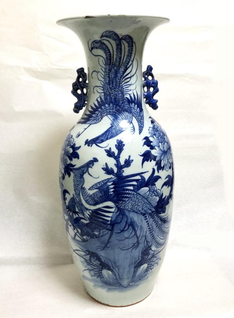 清時代中期 古染付 牡丹花鳥紋様 磁器大花瓶 文物商店蝋印鑑定 WWTT199