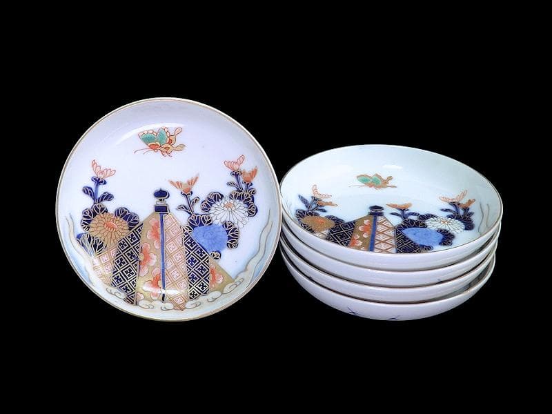 古伊万里　色絵　蝶に菊の図　４寸皿　５枚　C109AS-DAe