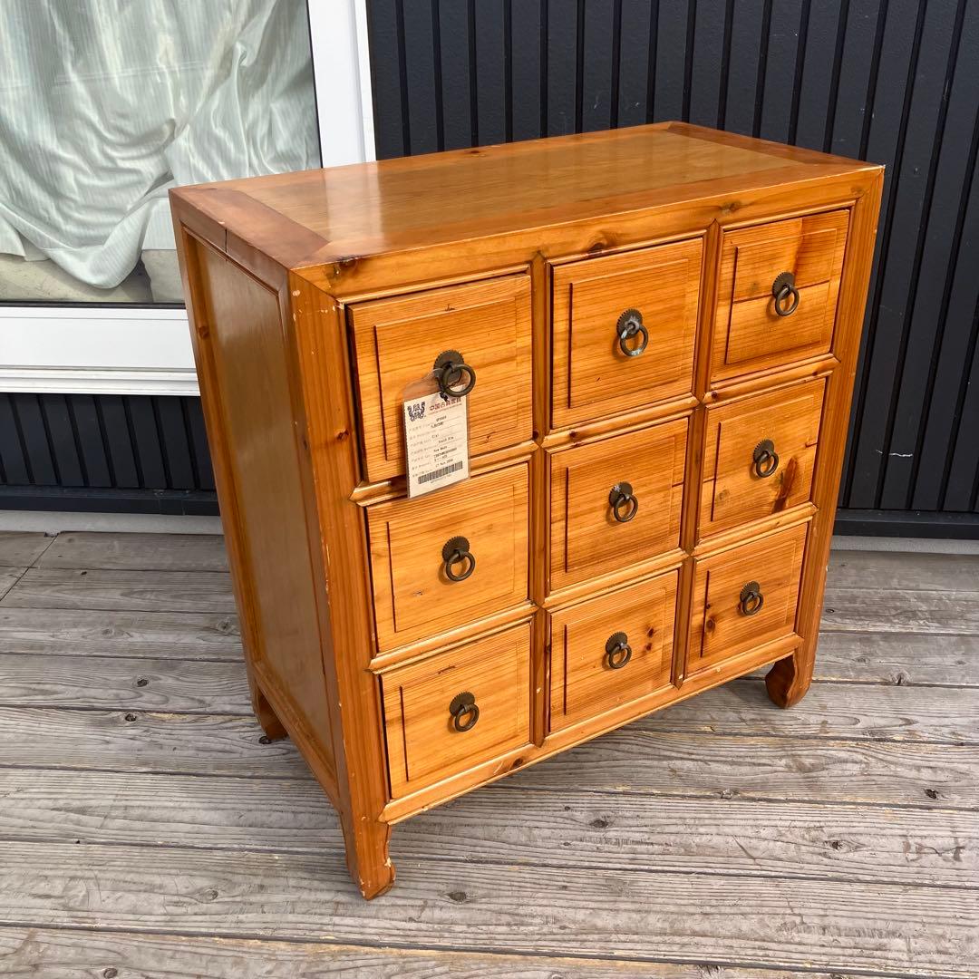 昭和レトロ 中国古典家具 古家具 格子型 木製箪笥 サイドボード 3段9杯