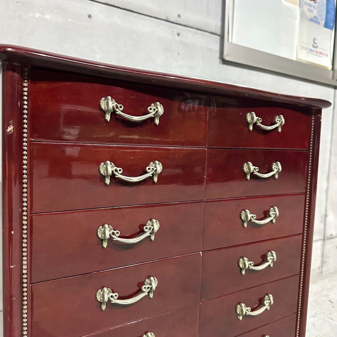꧁輸入家具꧂アンティーク調 7段チェスト ワインレッド 猫脚 クラシック収納