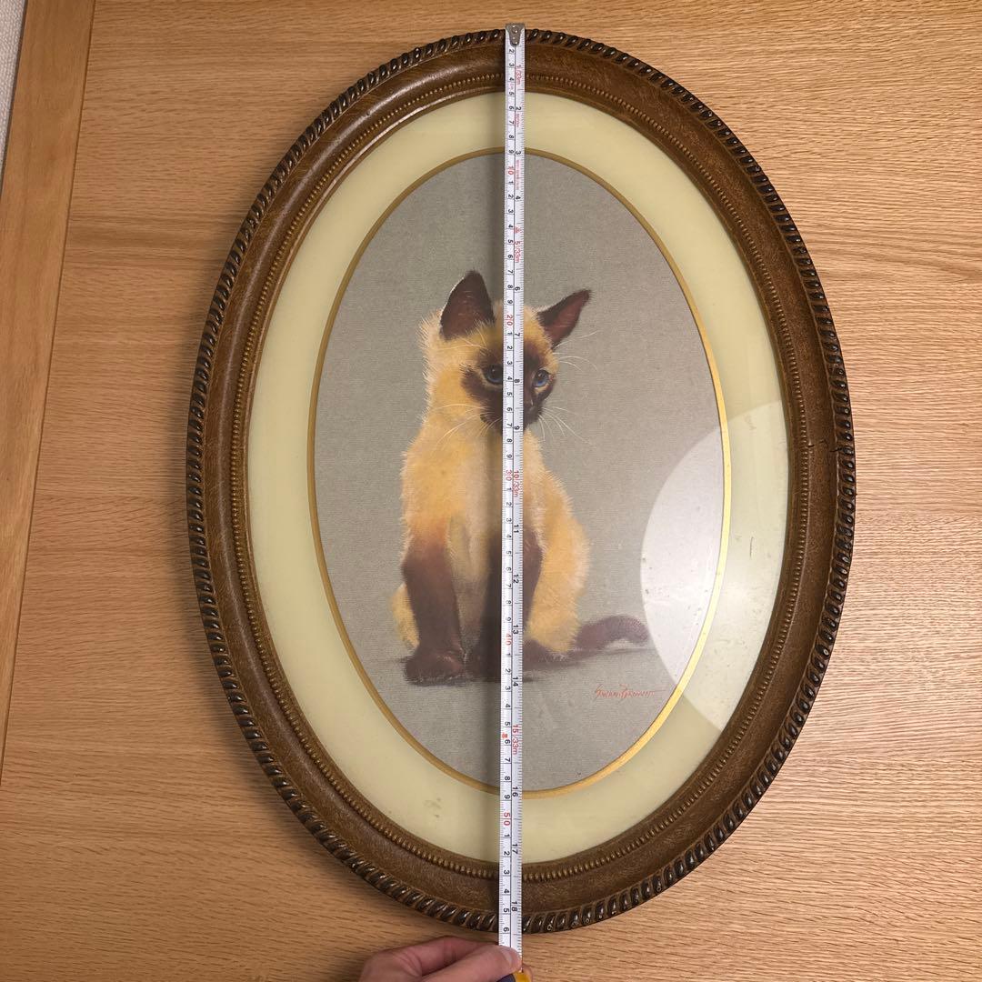 猫 絵画 楕円 フレーム ヴィンテージ