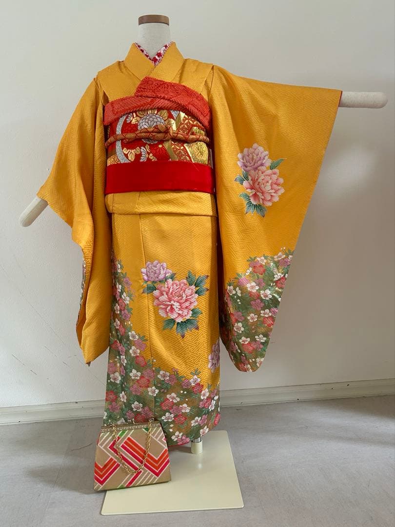 7歳七五三　正絹着物　襦袢　帯　帯揚げ　帯締め　しごき　バッグ　セット