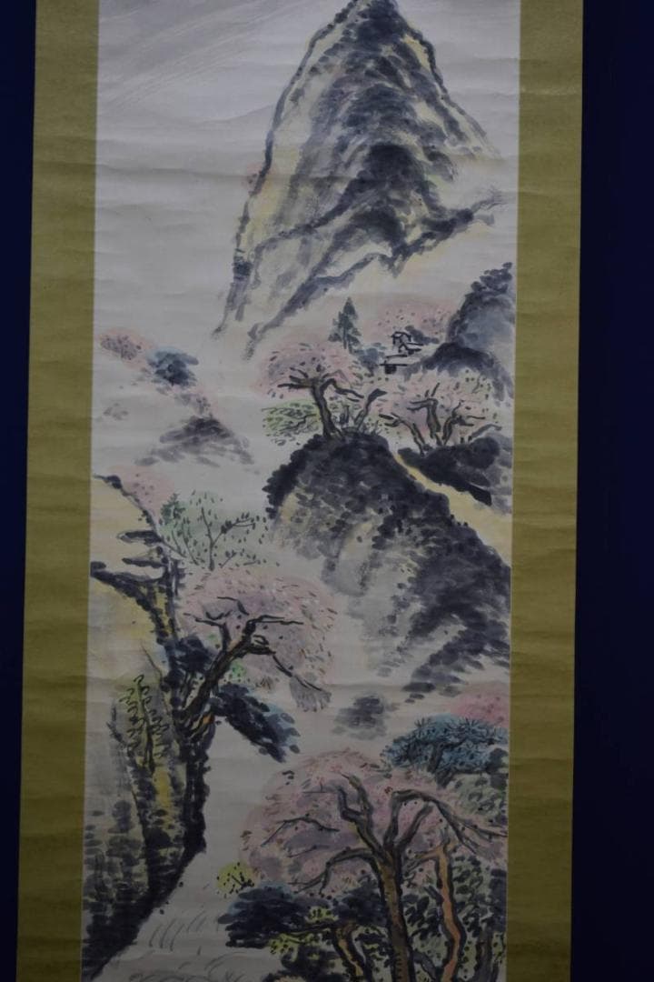 真作/哲也/桜花山水図/布袋屋掛軸HE-88