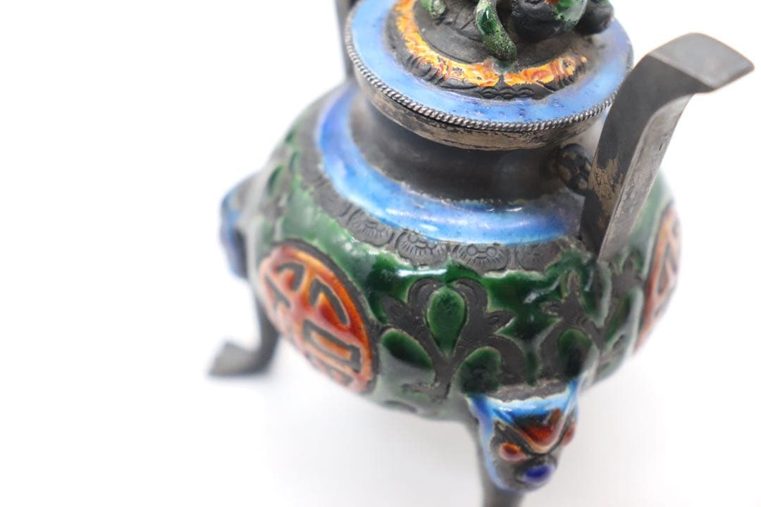 中国　清時代　福寿　銀製七宝焼獣足香炉　木箱入　送料込み250509