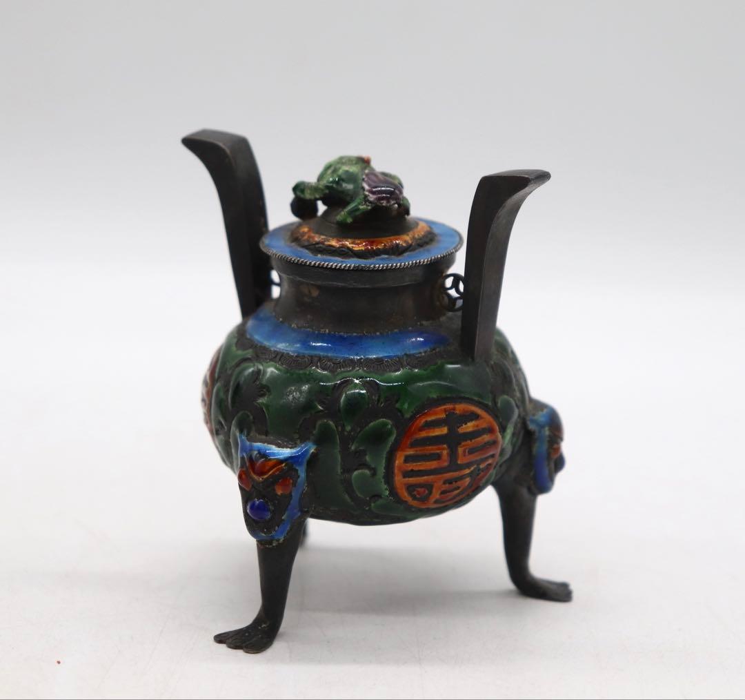 中国　清時代　福寿　銀製七宝焼獣足香炉　木箱入　送料込み250509