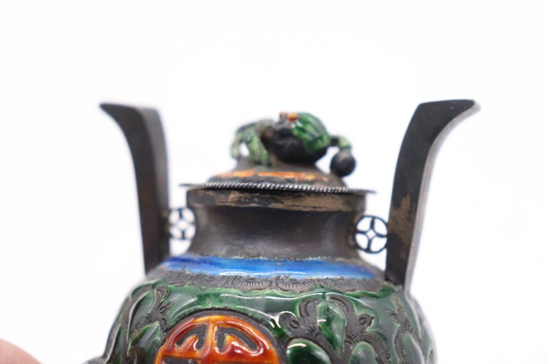 中国　清時代　福寿　銀製七宝焼獣足香炉　木箱入　送料込み250509