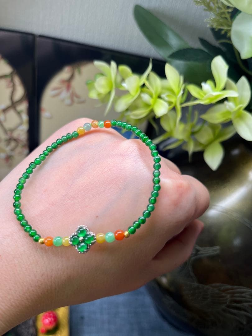 新入荷❣️貴重‼️18kビーズ入り、ロウカン質氷種満陽緑ビーズ&【幸運】四葉草ブレス