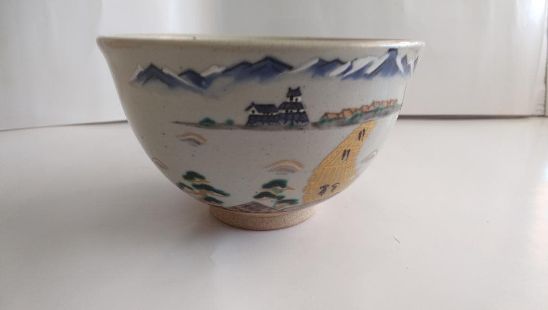 押小路窯 庄左ェ門 茶碗 色絵 「 越の舟橋 」 押小路焼 茶道具 抹茶碗 美品