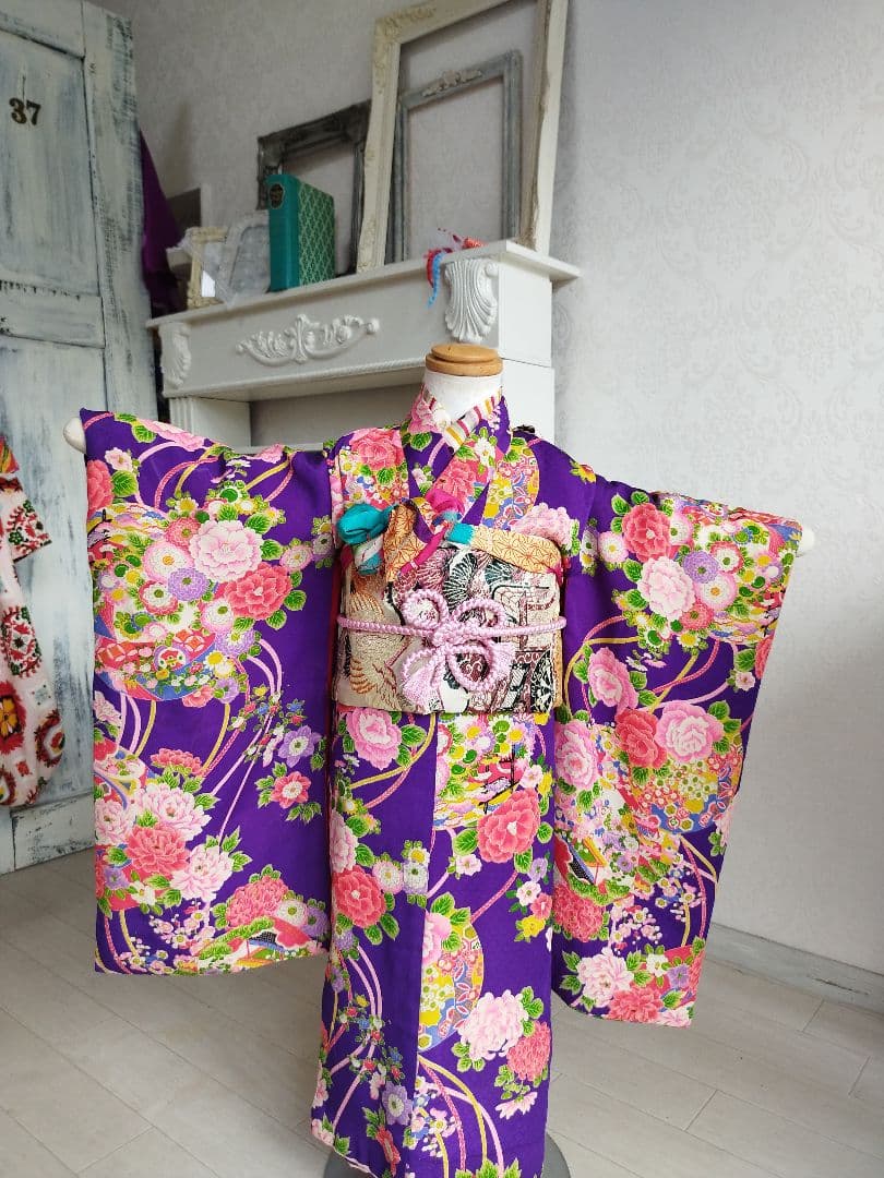 専用です☆アンティーク紫に百花繚乱着物と帯セット☆七五三３歳