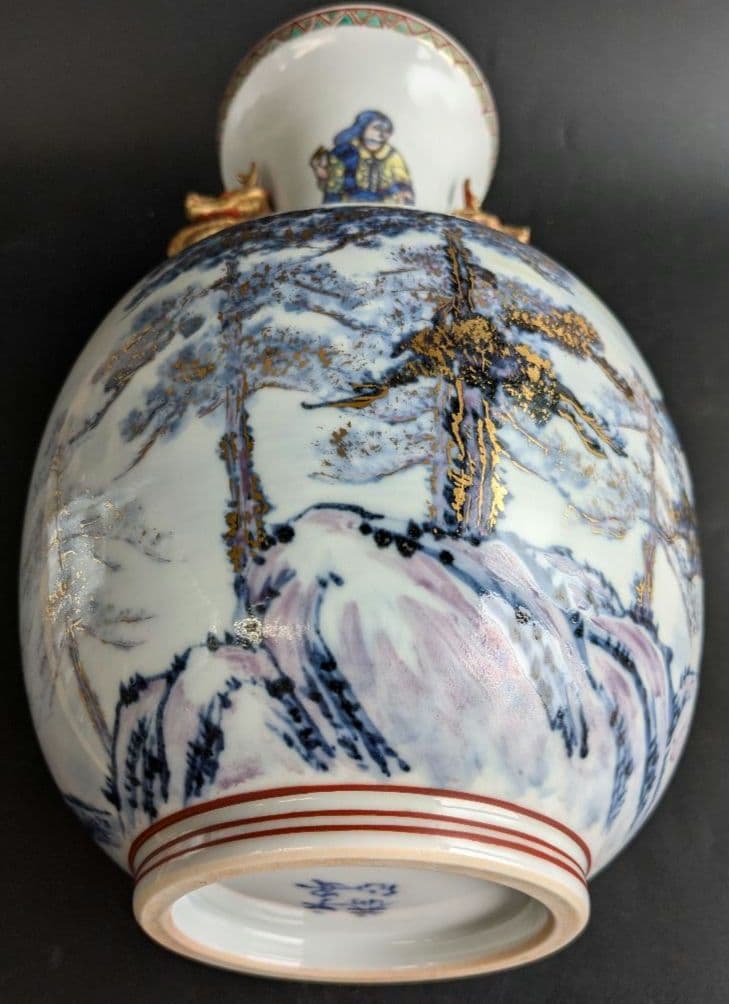 金彩染付彩色松文双耳壷