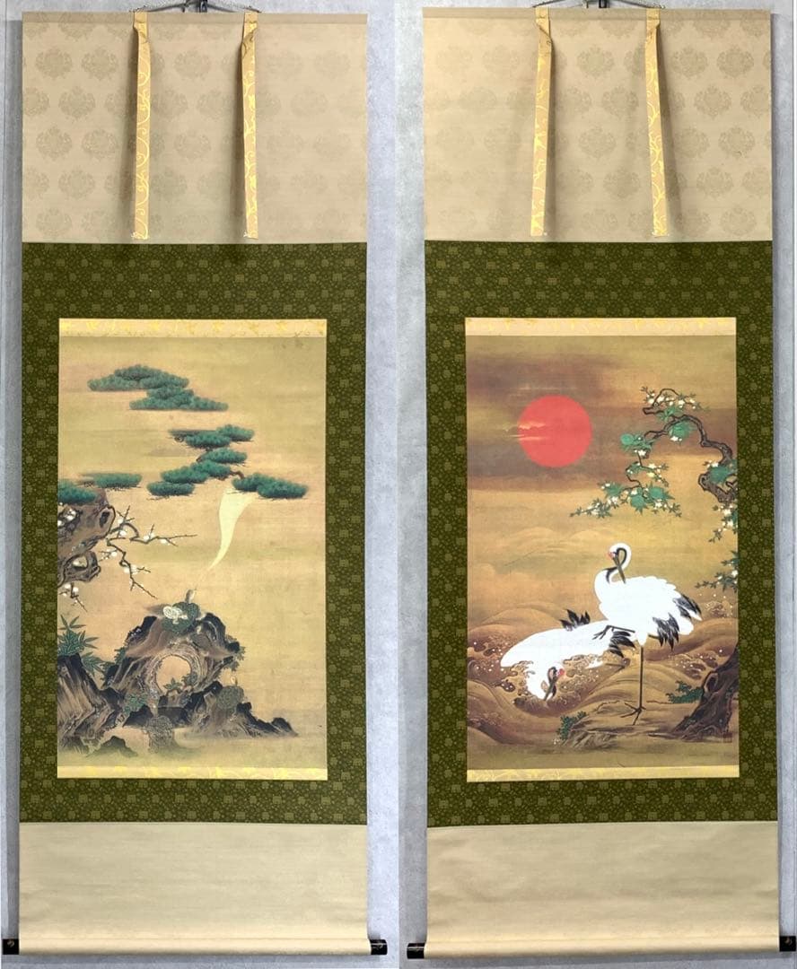 掛軸 狩野房信 鶴亀 二重箱 双幅 工芸 松竹梅 賀正 正月 祝 寿 C-1